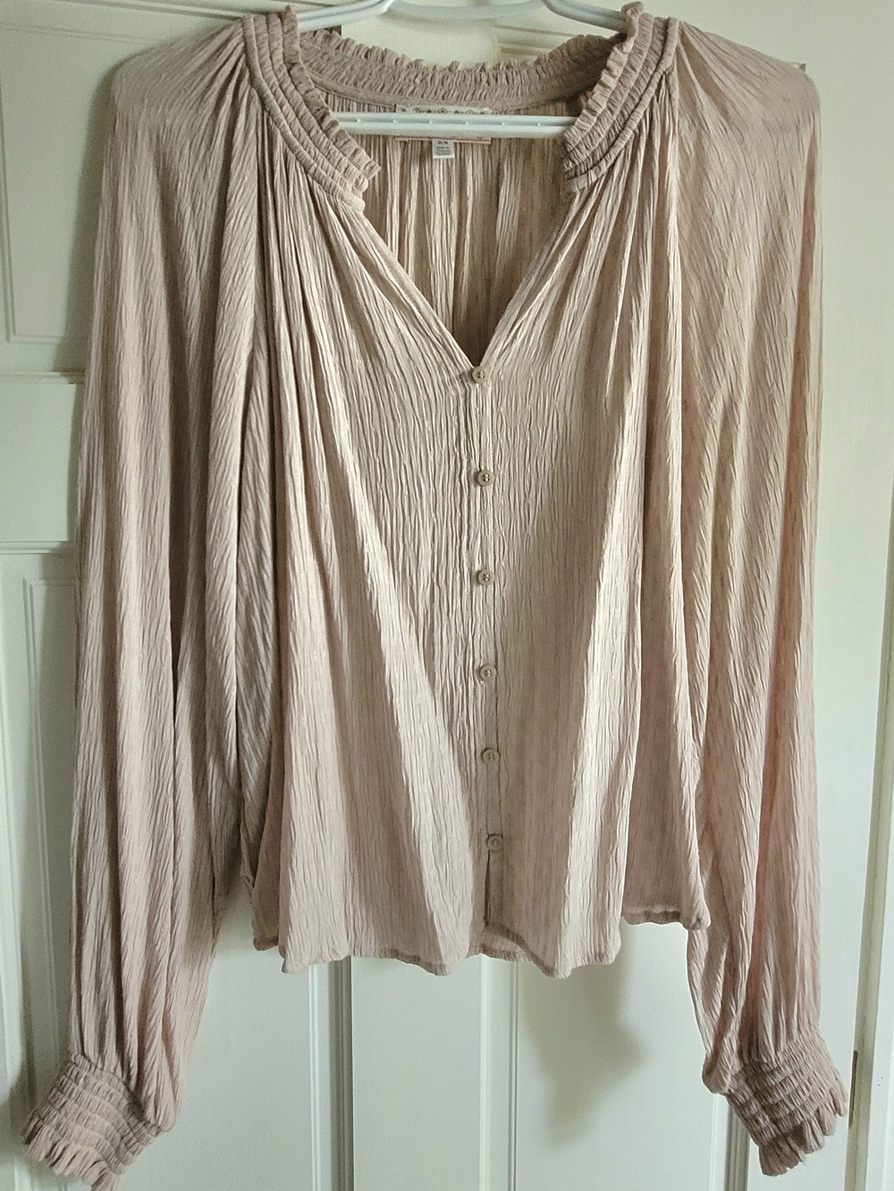 WILD SKYE Women's Crinkled Gauze, Button-Front Look Blouse in Soft Nude